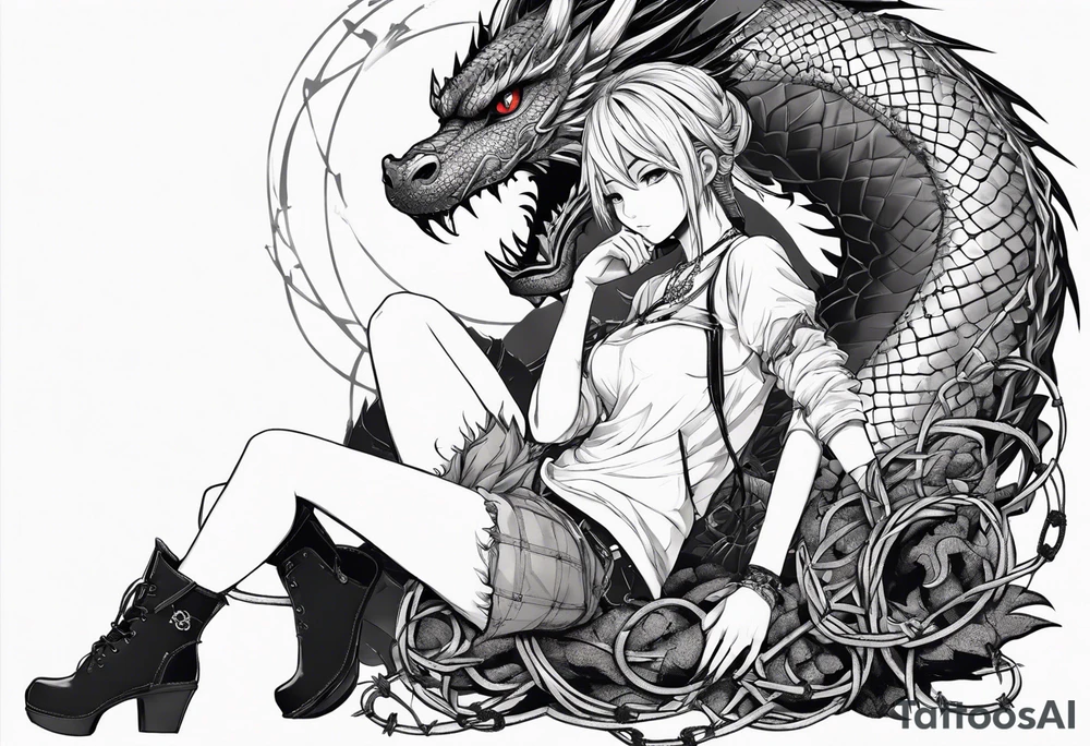 an anime girl, sitting on a ball, surrounded by barbed wire and asian dragon tattoo idea