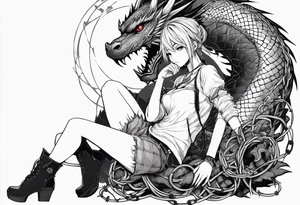 an anime girl, sitting on a ball, surrounded by barbed wire and asian dragon tattoo idea