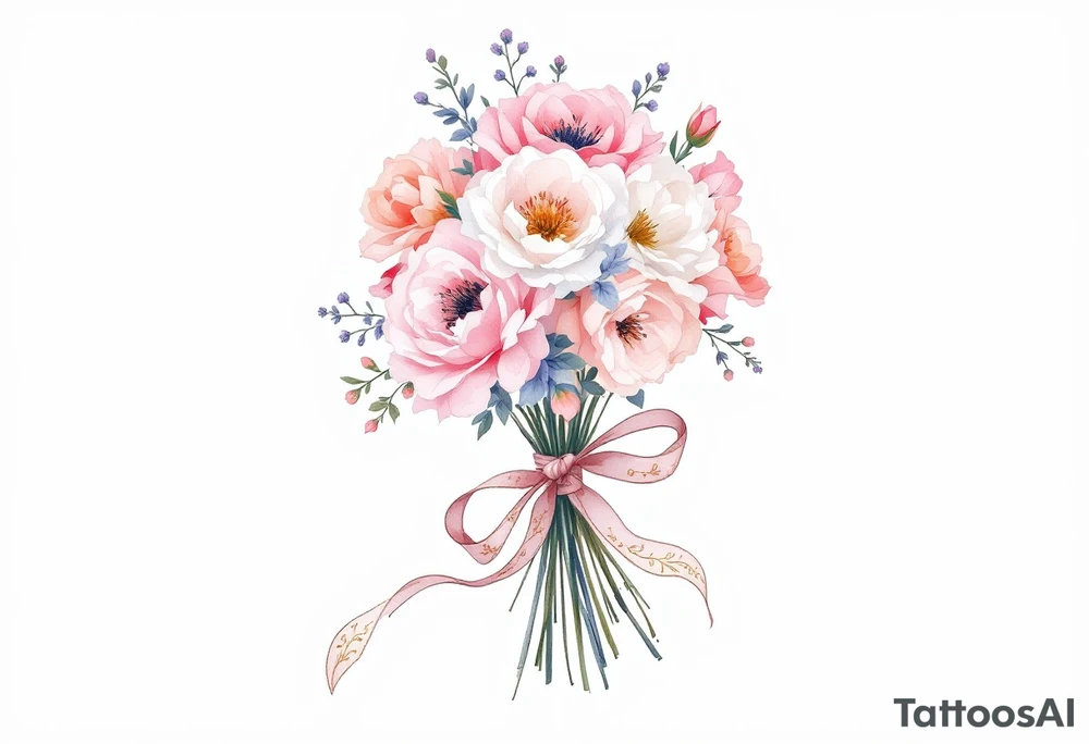 A delicate, hand-tied bouquet of roses, peonies, and baby’s breath, with soft pink, ivory, and pastel peach petals. The stems are wrapped in a silk ribbon with golden embroidery, flowing gently in the wind. Subtle watercolor shading creates a dreamy, romantic feel. tattoo idea