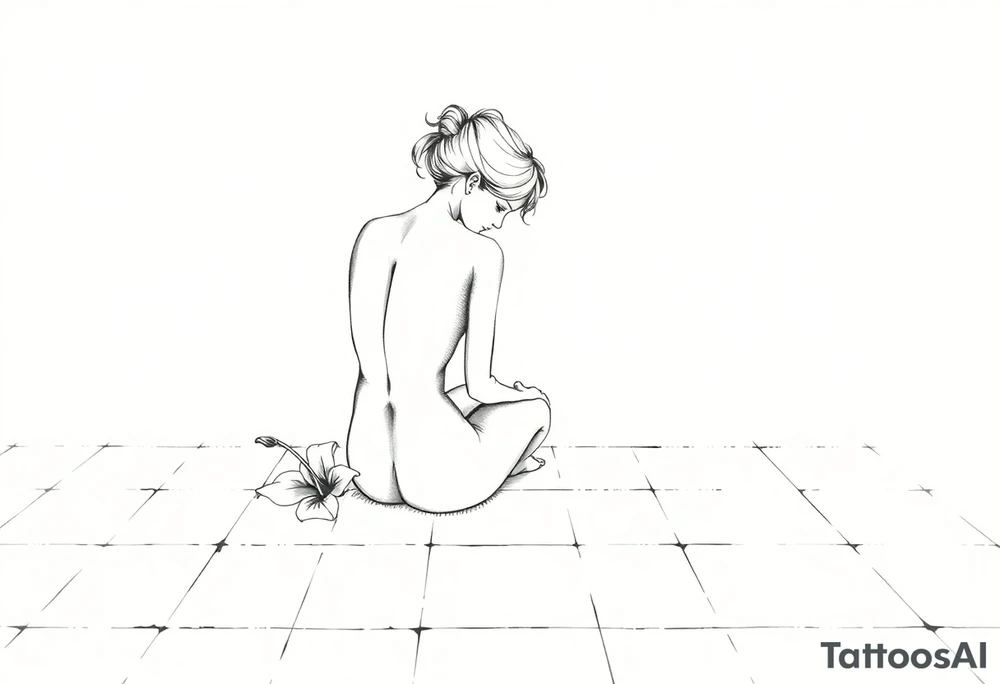 A simple tile floor with a minimalist, almost abstract curled figure sitting on the floor with a lily next to her tattoo idea