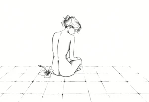 A simple tile floor with a minimalist, almost abstract curled figure sitting on the floor with a lily next to her tattoo idea