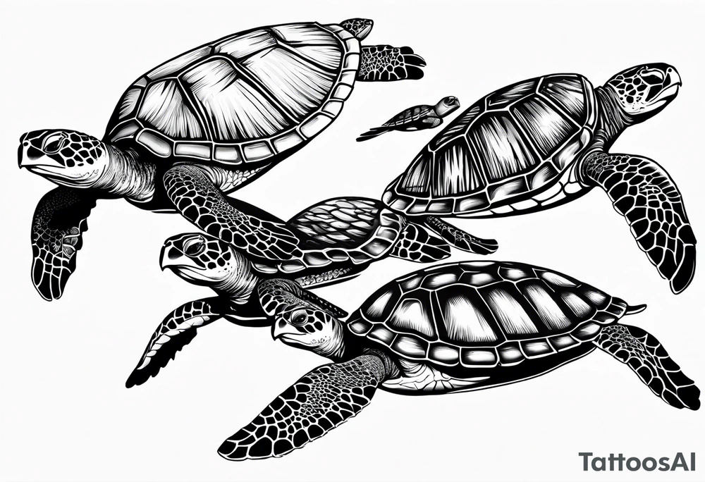 four sea turtles swimming in a row one holds tattoo idea