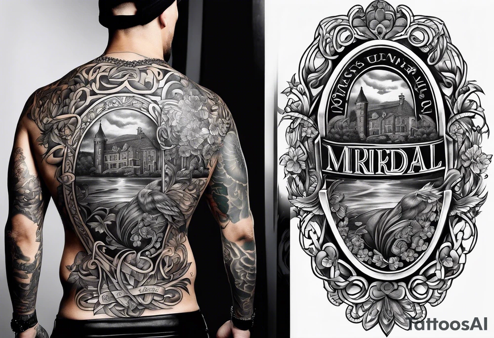 A full back piece based on the irish surname mcbride tattoo idea