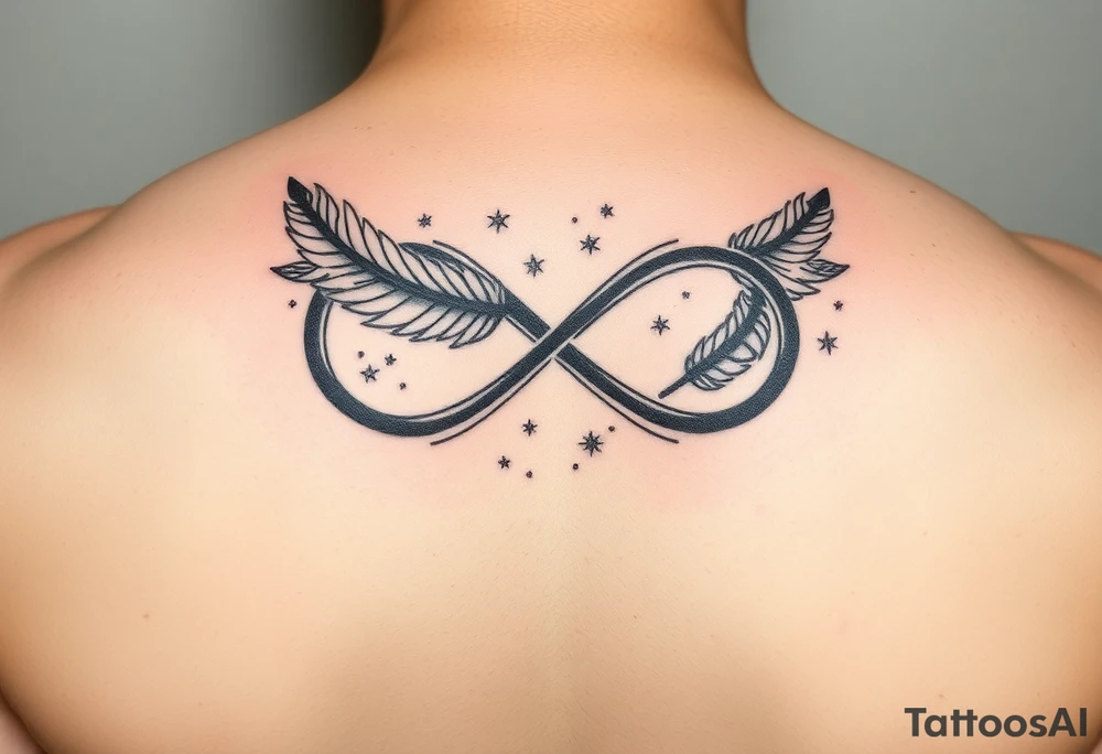 infinity symbol woven with floating feathers and stardust tattoo idea