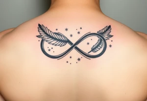 infinity symbol woven with floating feathers and stardust tattoo idea