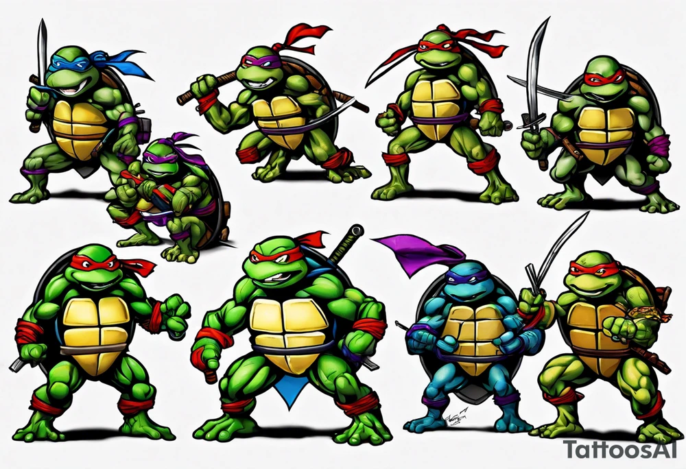 all four teenage mutant ninja turtles fighting enemies in a cityscape tattoo idea