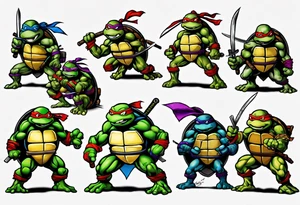 all four teenage mutant ninja turtles fighting enemies in a cityscape tattoo idea