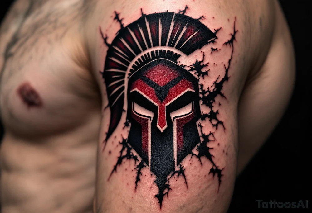 A bold bicep tattoo of the HC Sparta Praha logo in deep maroon and black, surrounded by ice-cracked effects tattoo idea