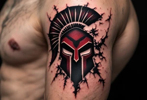 A bold bicep tattoo of the HC Sparta Praha logo in deep maroon and black, surrounded by ice-cracked effects tattoo idea
