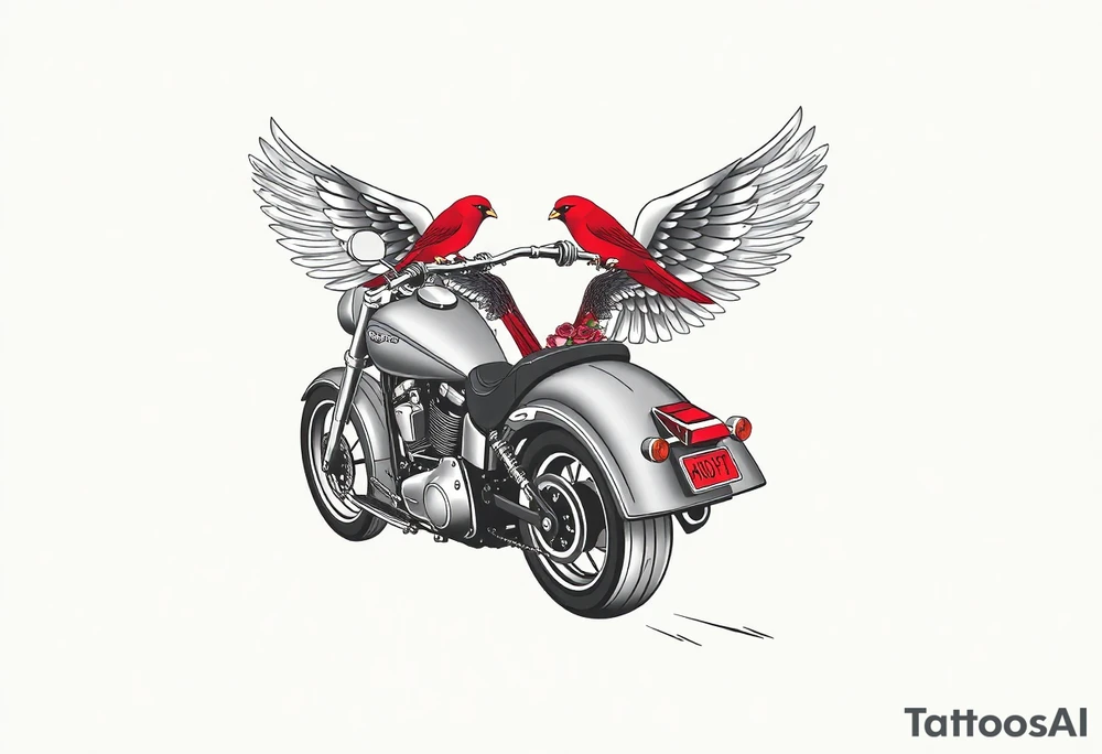 Harley grey motorcycle driving away, two red birds flying, roses, flames, angel wings tattoo idea