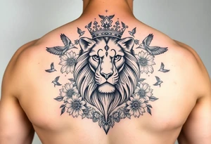 powerful majestic lion with a crown, surrounded by floral ornaments and birds tattoo idea