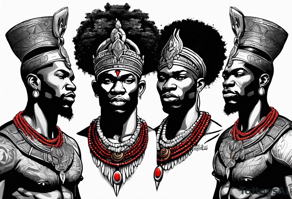 african god of war,  wearing a small metalic silver crown and wearing a red necklace tattoo idea