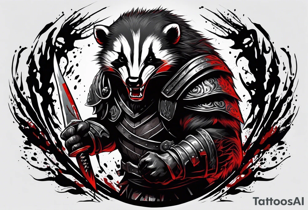 Draw me psychopath Badger/Berserker with aggressive full body, killer face with a scary smile, very long nails and he attacks like a Bloody Assassin/Warrior/Gladiator to us and also, he has very deadly looking. He fights with his nails. Everybody scares after their first sight. Give me horror type Badger Tattoo. I want to see his Realistic full body. tattoo idea