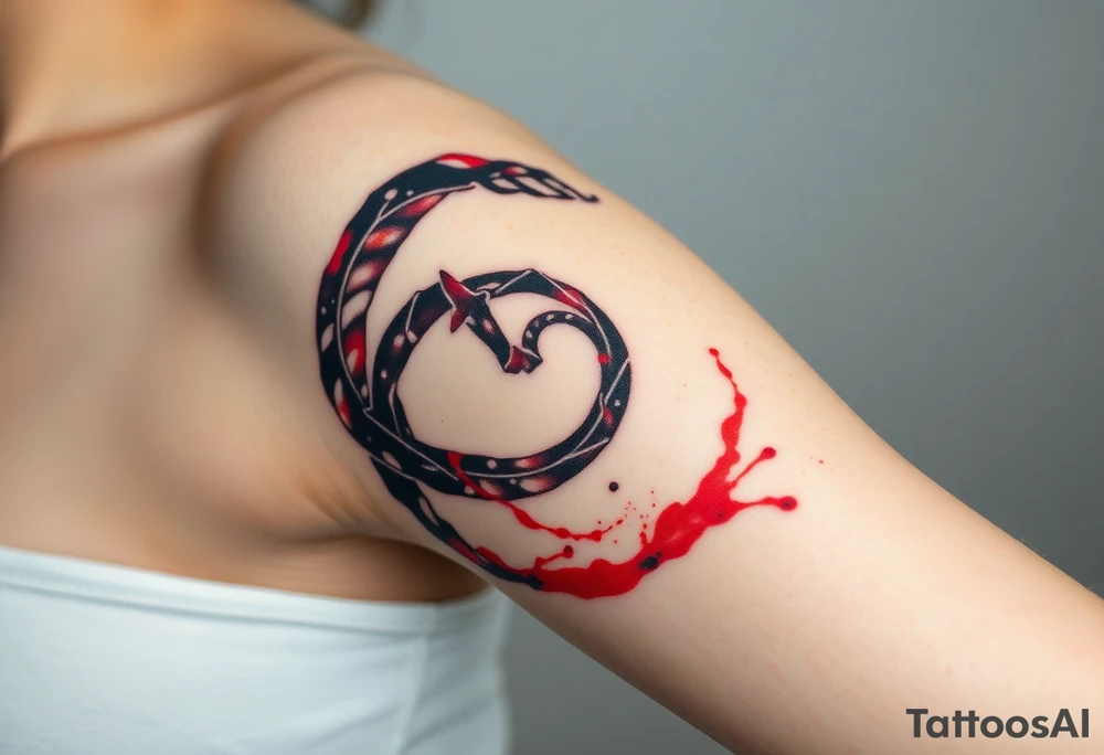 An ink-splattered Ouroboros, appearing as if it was painted in bold brush strokes of deep red and black, symbolizing artistic chaos and creation. tattoo idea