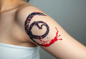 An ink-splattered Ouroboros, appearing as if it was painted in bold brush strokes of deep red and black, symbolizing artistic chaos and creation. tattoo idea