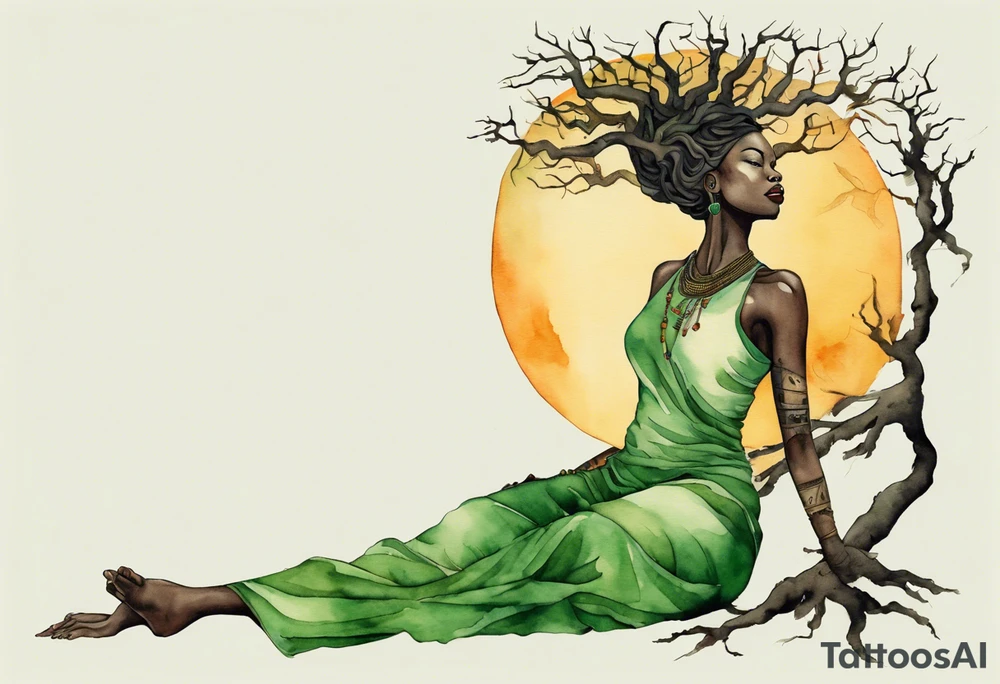 a tree trunk with roots that is a black woman from the waist up, feet made of tree roots, arms reaching up to the sun, wearing a green tunic tattoo idea