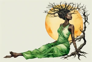 a tree trunk with roots that is a black woman from the waist up, feet made of tree roots, arms reaching up to the sun, wearing a green tunic tattoo idea