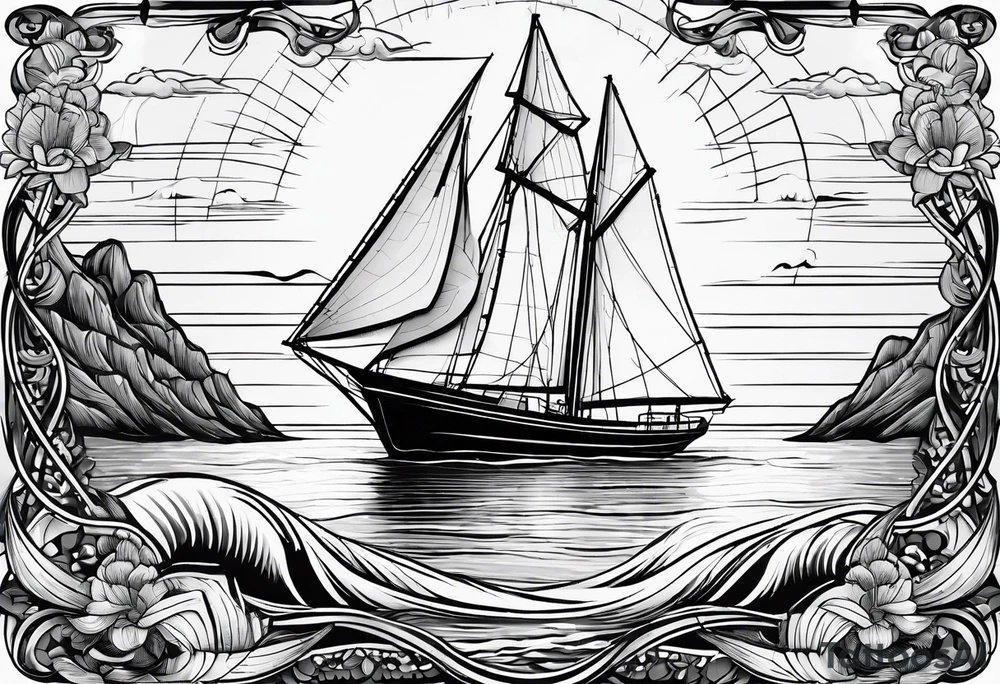 sailboat seen from the front. sail in the shape of a maritime lighthouse.phoenix drawn on the sail. tattoo idea
