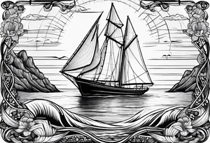 sailboat seen from the front. sail in the shape of a maritime lighthouse.phoenix drawn on the sail. tattoo idea