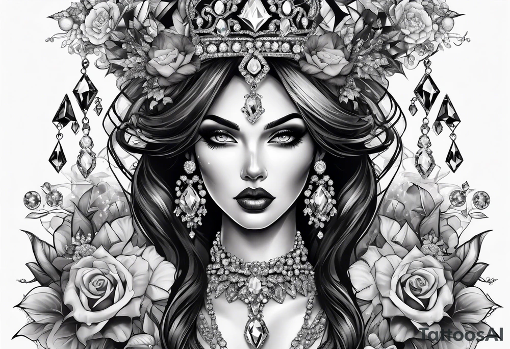 Fancy queen zombie diamonds and gemstones full sleeve tattoo idea
