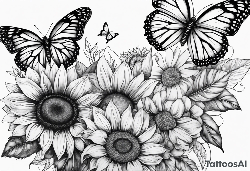 Leg sleeve with sunflowers and butterflies tattoo idea