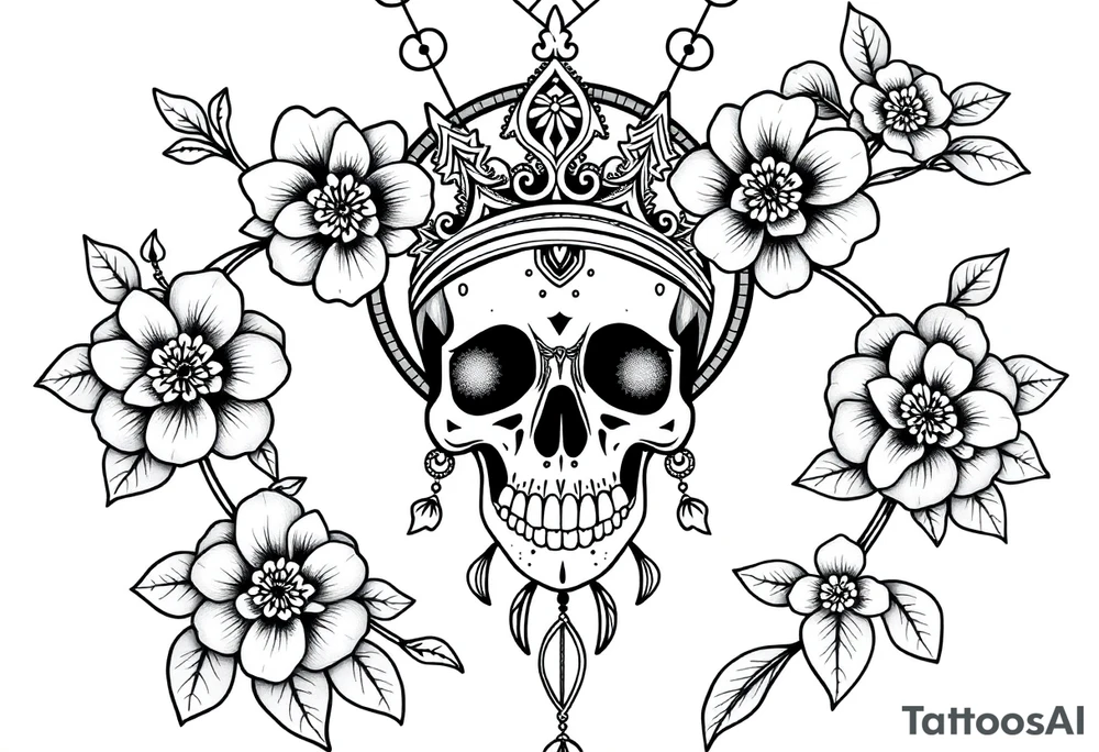Mandala dream catcher with detailed beautiful gothic boho flowers on vine and skull with gorgeous crown tattoo idea
