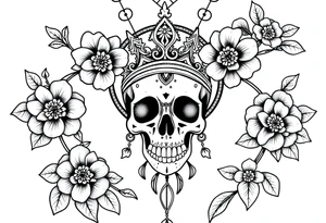 Mandala dream catcher with detailed beautiful gothic boho flowers on vine and skull with gorgeous crown tattoo idea