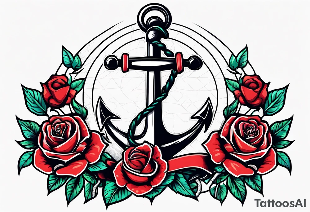old school anchor sitting at an angle 
with rope 
and banner across anchor and old school roses tattoo idea