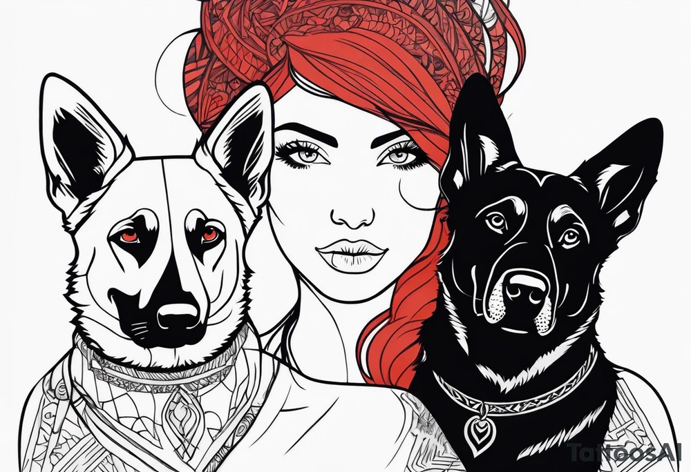red hair woman with German shepherd dog tattoo idea