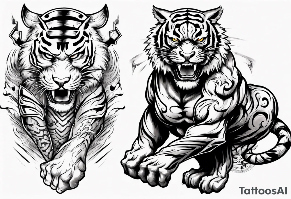 tiger warrior with lightning and the sun for a forearm sleeve tattoo idea