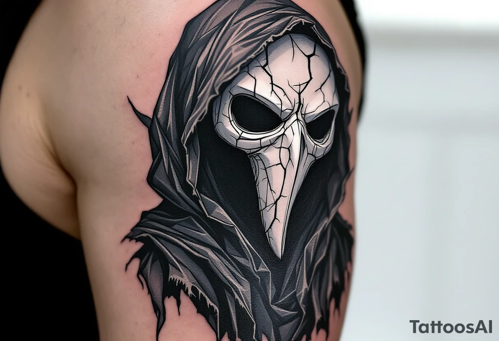 Plague Doctor with Broken Mask – A sinister plague doctor with tipical mask and a fractured porcelain-white mask, revealing hollow darkness beneath. The robes are dark gray with frayed edges, giving the figure an eerie, ghostly presence. tattoo idea