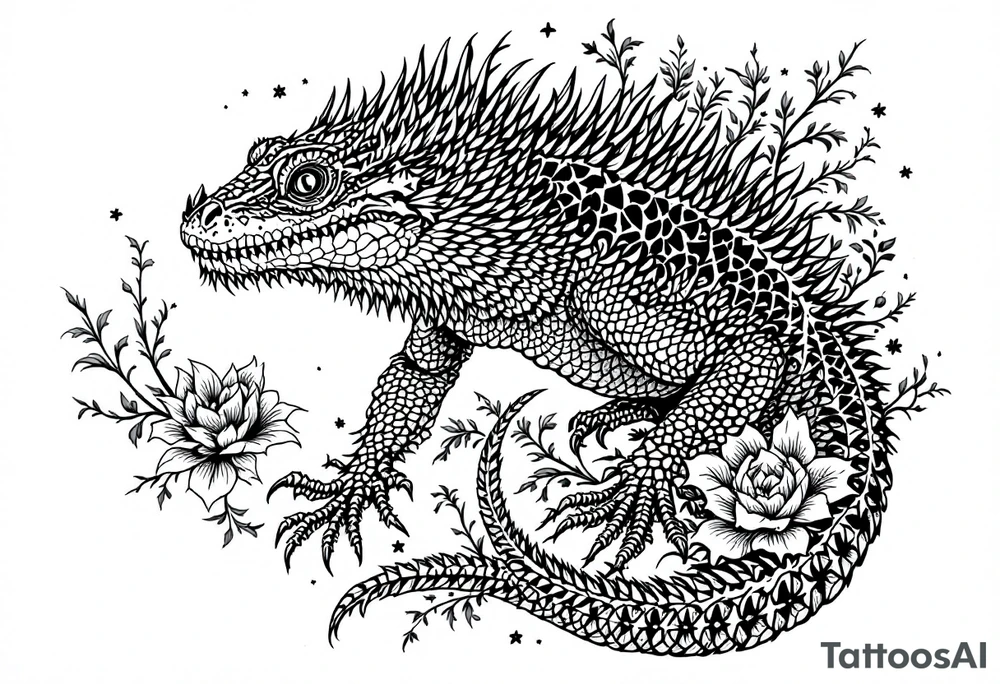 powerful big reptile, surrounded by floral ornaments tattoo idea