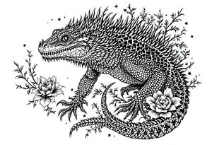 powerful big reptile, surrounded by floral ornaments tattoo idea