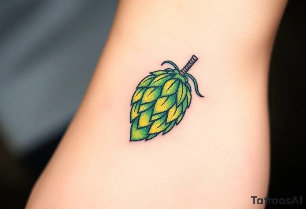 A detailed hop cone with deep green and golden hues, wrapped in barley stalks, symbolizing the essence of brewing tattoo idea