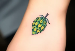 A detailed hop cone with deep green and golden hues, wrapped in barley stalks, symbolizing the essence of brewing tattoo idea