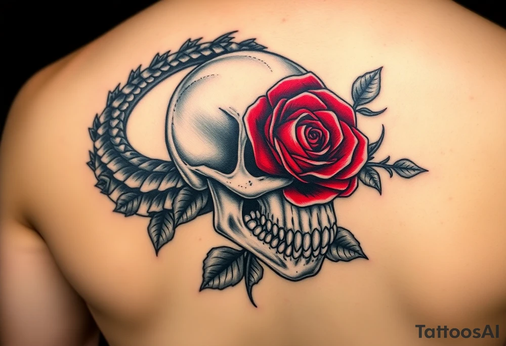 the Tudor rose at the center, all crimson petals edged in black velvet thorns, blooming right out of the skull’s eye socket like it’s growing from his bones. The skull’s grinning, but soft—like he’s in on the joke. And the alligator? He’s coiled around the whole thing, tail curling under the jaw, jaws open just enough to show teeth that look... almost tender. Like he’s protecting it. Or about to eat it.
Maybe a little mist, some ivy creeping up the spine of the rose. Dark greens, deep reds, charcoal shadows. No brights—just that old, heavy velvet feeling. tattoo idea