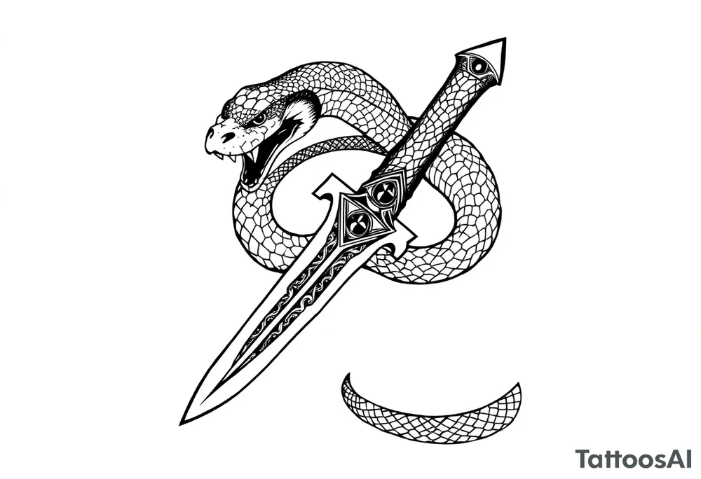 mystical snake coiled around an ancient dagger with jeweled hilt tattoo idea