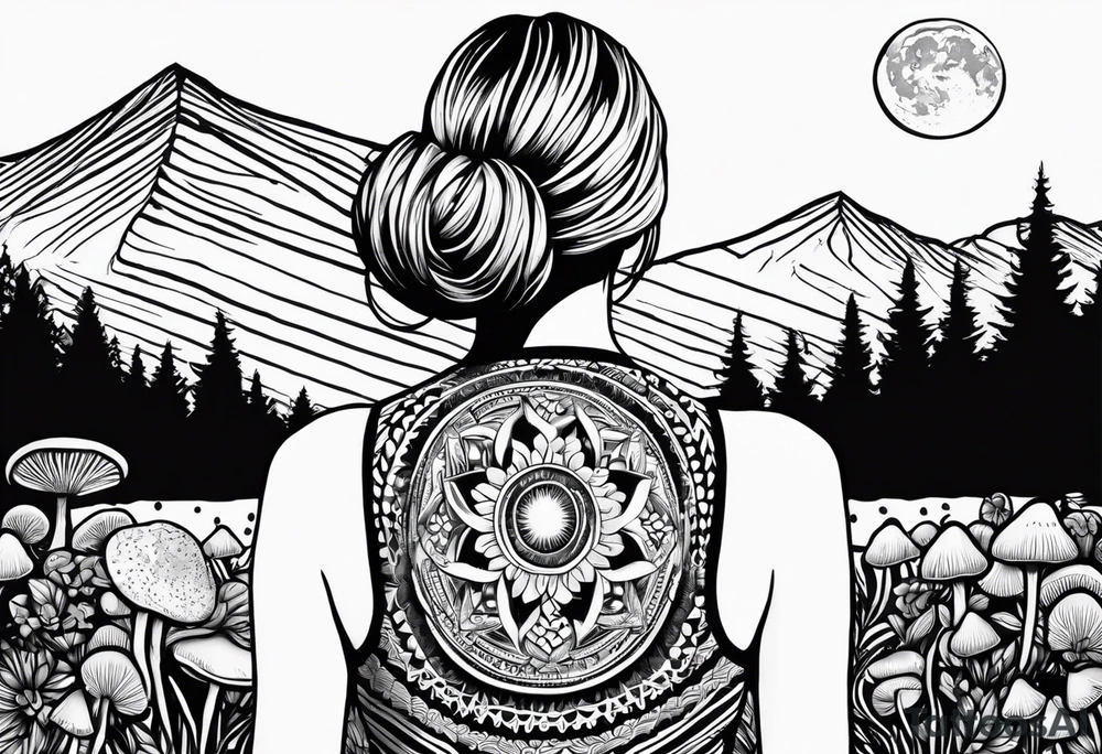 Straight blonde hair girl facing away toward mountains surrounded by mushrooms crescent moon mandala circular design black and white striped dress "8" braided into hair tattoo idea