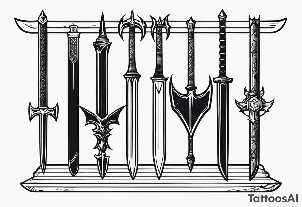 Medieval weapons rack with 4 different kind of bats hanging from 4 of the 6 open spaces. tattoo idea