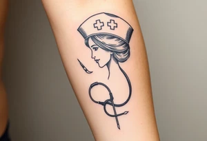 nurse hat and a needle and stethoscope  in an elaborate vintage cameo tattoo idea