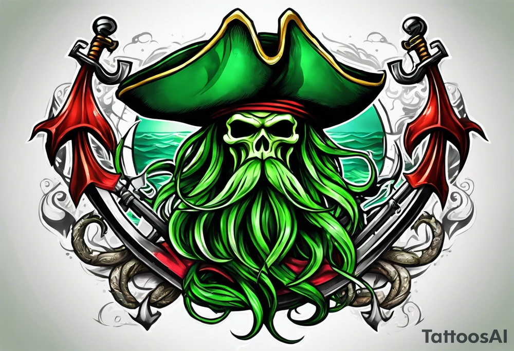 green pirate squid holding sword and anchor tattoo idea