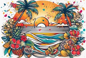 vintage beach dance party with music and confetti, tropical drinks tattoo idea