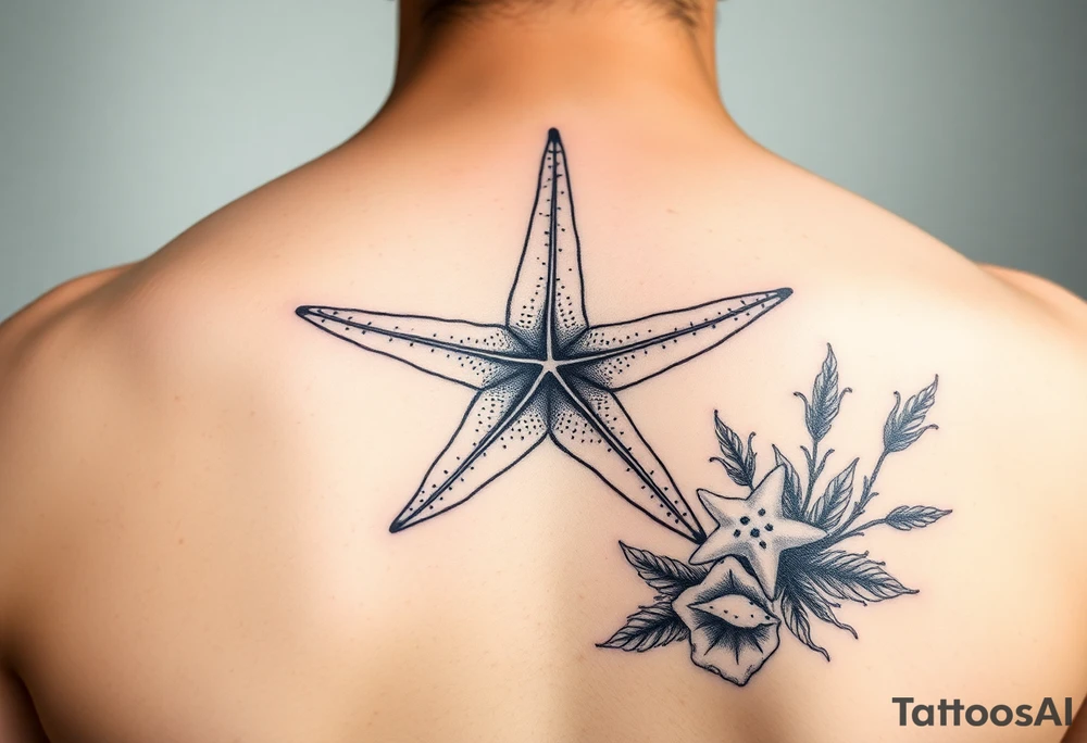 Starfish and sea flora done in the style used during World War Two tattoo idea