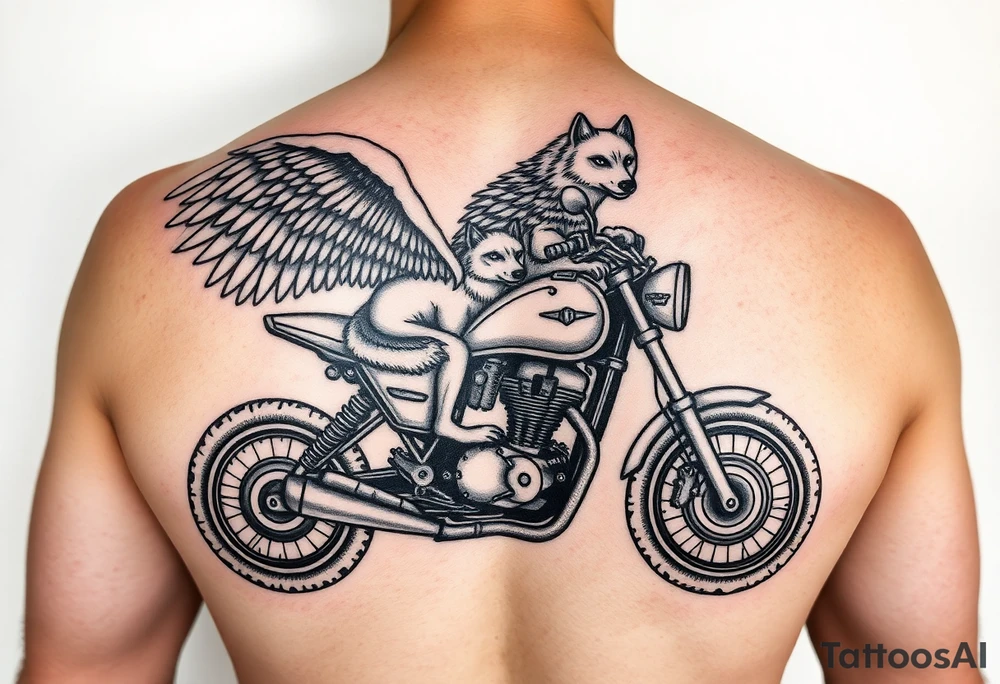 a motorcycle on it with guardian angel wolves on the bike tattoo idea