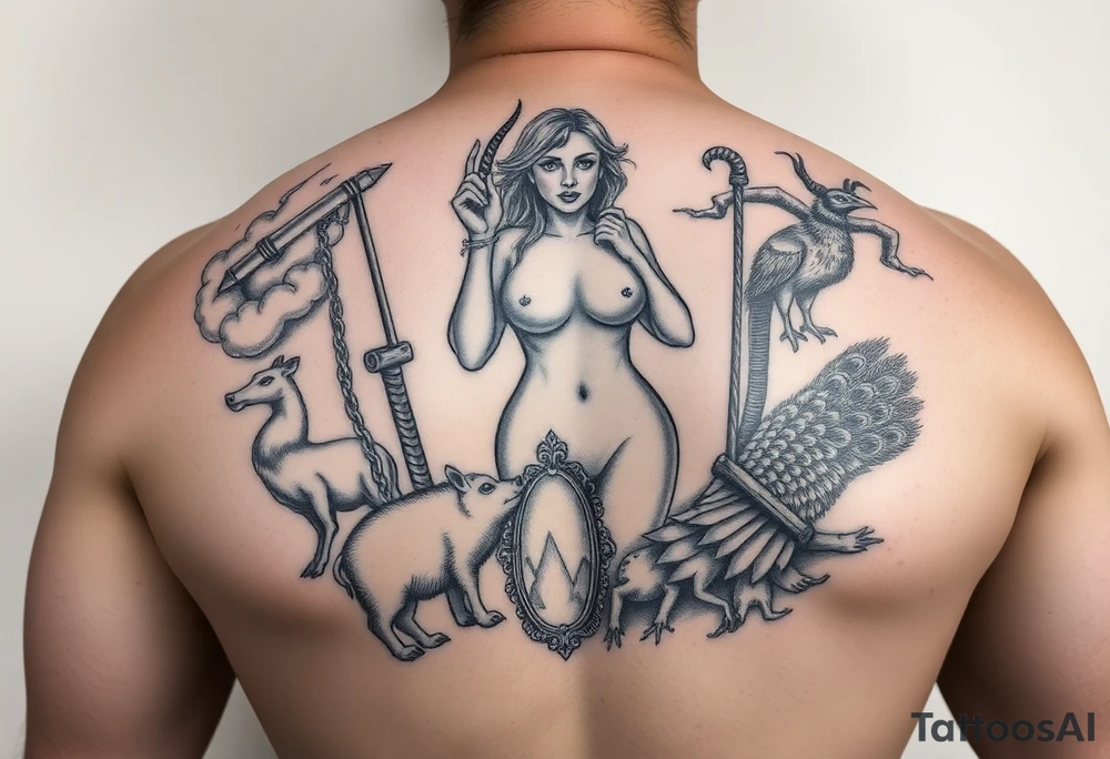 Storm clouds, sexy fat naked woman, mirror, noose, cigerettes, sex, pig, peacock, goat, lion, frog, razor blades, carousel tattoo idea