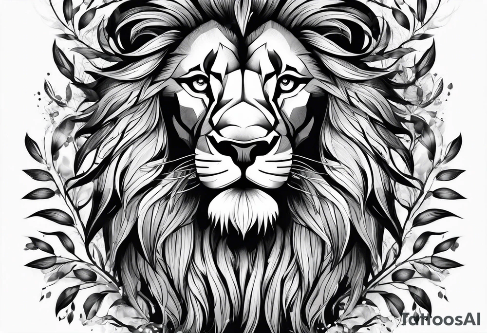 Lion face with leaves tattoo idea