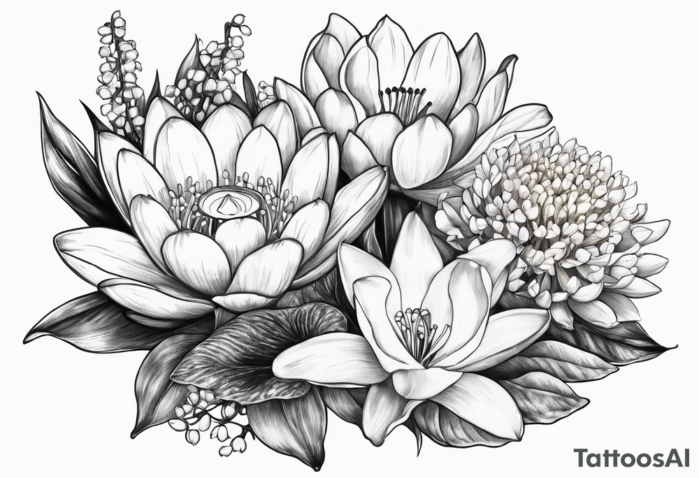 Water Lily, Lily of the Valley, Narcissus, and Gladiolus flower bouquet tattoo idea