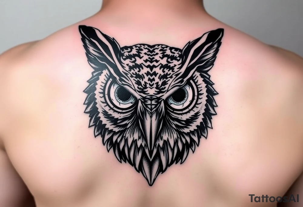 Owl head with large intense tripping on acid colored eyes tattoo idea