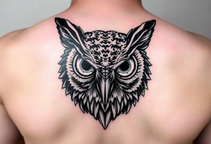 Owl head with large intense tripping on acid colored eyes tattoo idea
