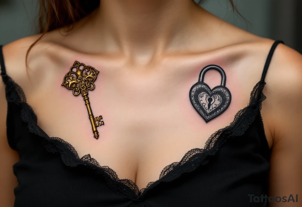 One has a vintage golden key with intricate filigree, and the other a heart-shaped lock in black and gray, matching on wrists or forearms. tattoo idea